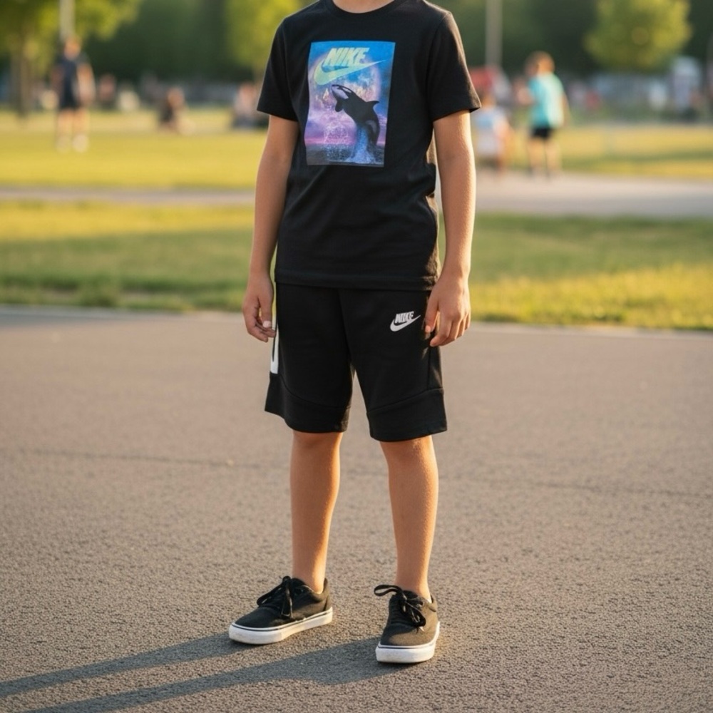 Nike Tech Fleece Shorts & “Air Orca” Tee. Boys Size M 10/12